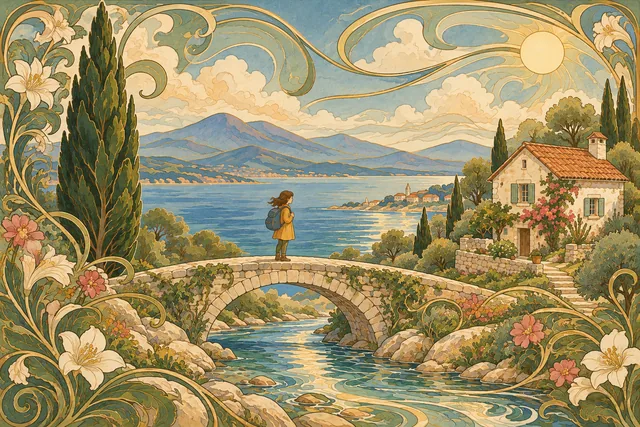 A traveler on a bridge beside a coastal cottage and cypress tree, rendered in Art Nouveau.
