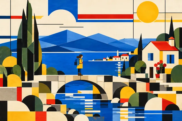 A traveler on a bridge beside a coastal cottage and cypress tree, rendered in Bauhaus geometry.