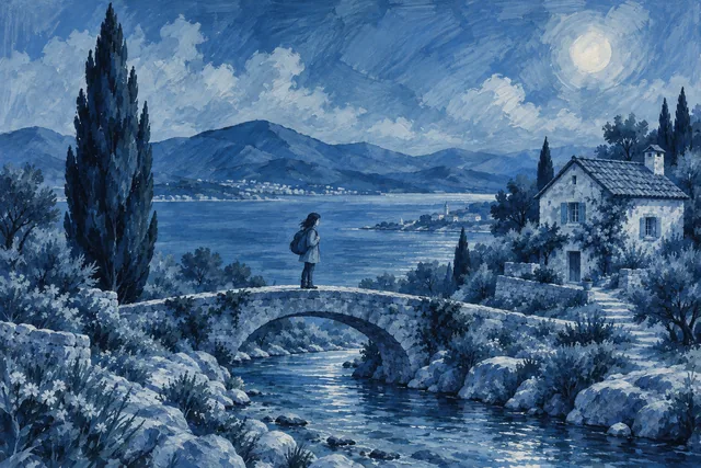 A traveler on a bridge beside a coastal cottage and cypress tree, rendered in Blue-period painting.