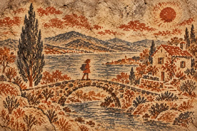 A traveler on a bridge beside a coastal cottage and cypress tree, rendered in Cave painting.