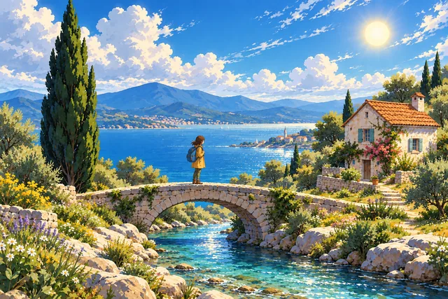 A traveler on a bridge beside a coastal cottage and cypress tree, rendered in Cinematic anime light.