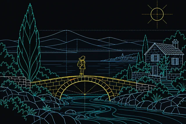 A traveler on a bridge beside a coastal cottage and cypress tree, rendered in Concept morph.