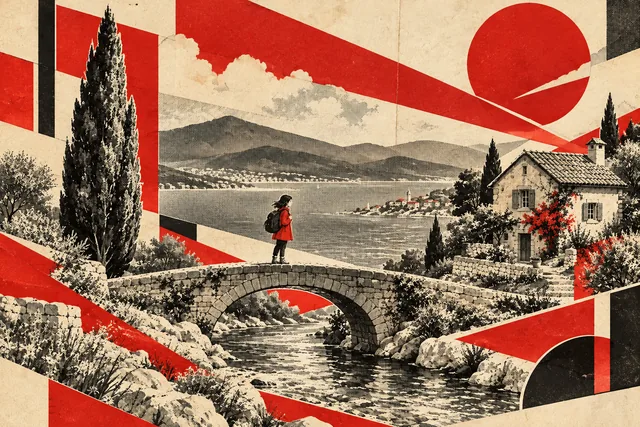 A traveler on a bridge beside a coastal cottage and cypress tree, rendered in Constructivist collage.