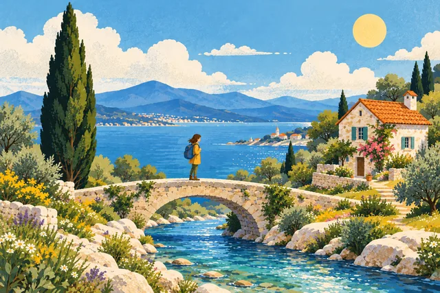 A traveler on a bridge beside a coastal cottage and cypress tree, rendered in Textured flat illustration.