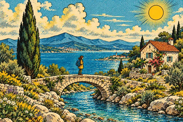 A traveler on a bridge beside a coastal cottage and cypress tree, rendered in Cosmic comic.