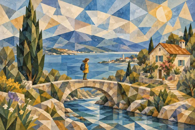 A traveler on a bridge beside a coastal cottage and cypress tree, rendered in Cubist facets.