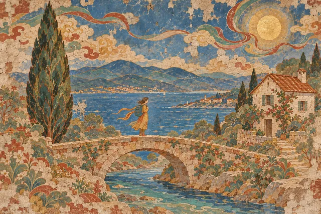 A traveler on a bridge beside a coastal cottage and cypress tree, rendered in Mineral mural.