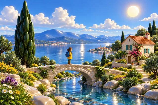 A traveler on a bridge beside a coastal cottage and cypress tree, rendered in Early CGI.