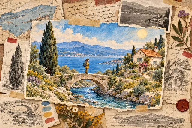 A traveler on a bridge beside a coastal cottage and cypress tree, rendered in Editorial evidence.