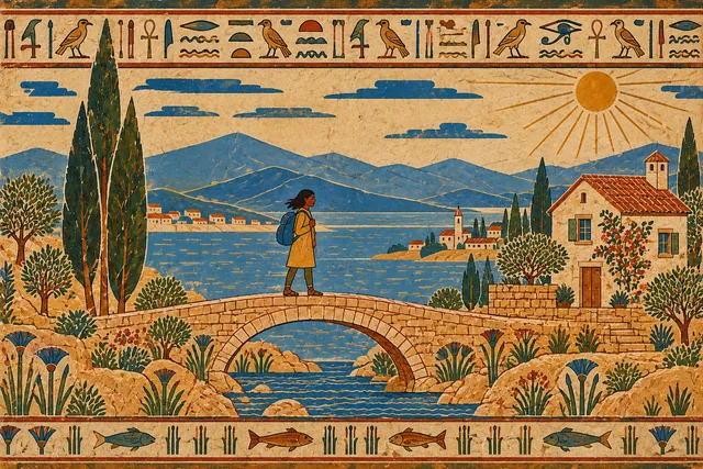 A traveler on a bridge beside a coastal cottage and cypress tree, rendered in Egyptian wall painting.