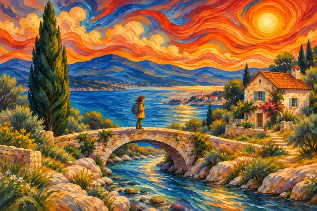 A traveler on a bridge beside a coastal cottage and cypress tree, rendered in Expressionist waves.