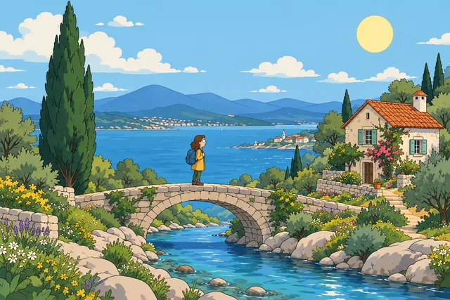 A traveler on a bridge beside a coastal cottage and cypress tree, rendered in Flat outline cartoon.