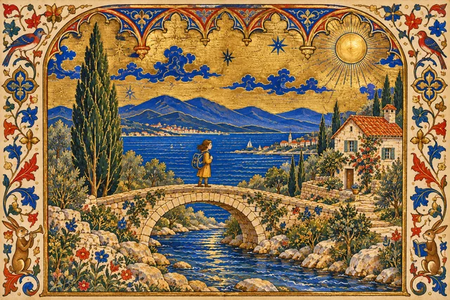 A traveler on a bridge beside a coastal cottage and cypress tree, rendered in Gothic illumination.