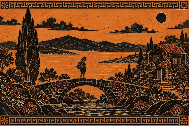 A traveler on a bridge beside a coastal cottage and cypress tree, rendered in Greek black-figure pottery.