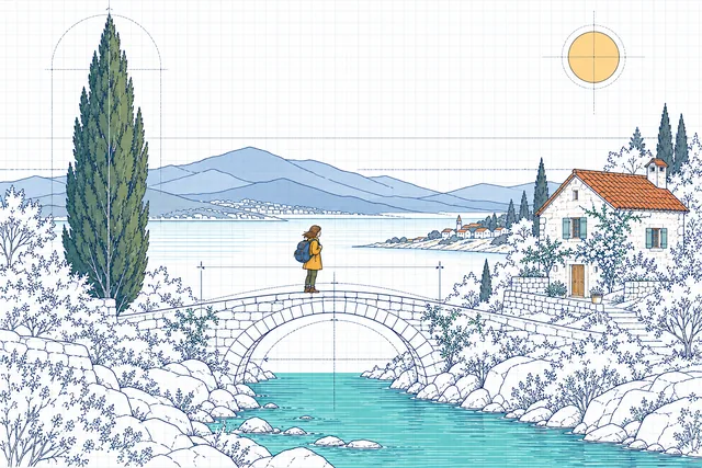 A traveler on a bridge beside a coastal cottage and cypress tree, rendered in Data & charts.