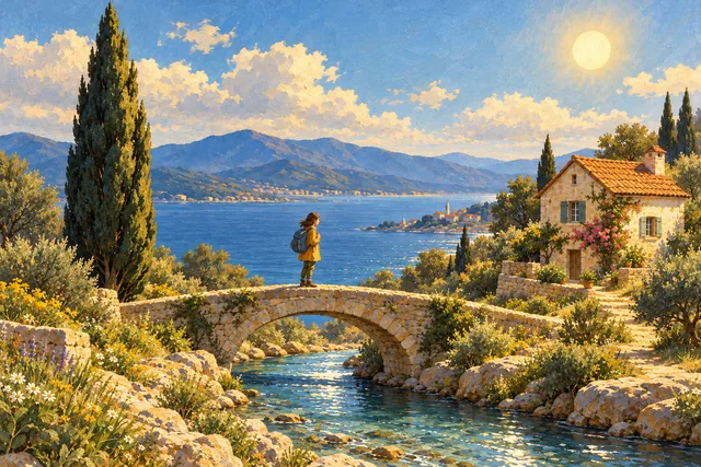 A traveler on a bridge beside a coastal cottage and cypress tree, rendered in Quiet realism.