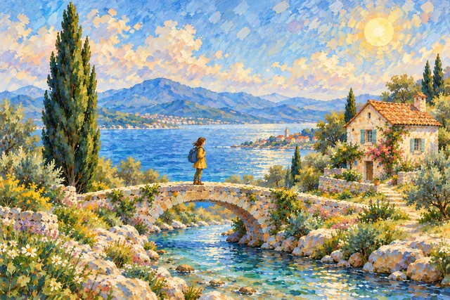A traveler on a bridge beside a coastal cottage and cypress tree, rendered in Impressionist dabs.