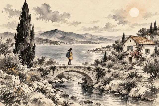 A traveler on a bridge beside a coastal cottage and cypress tree, rendered in Ink wash & dry brush.