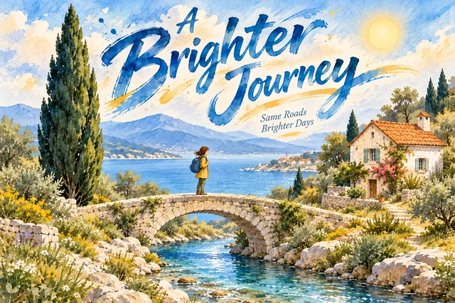 A traveler on a bridge beside a coastal cottage and cypress tree, rendered in Kinetic typography.