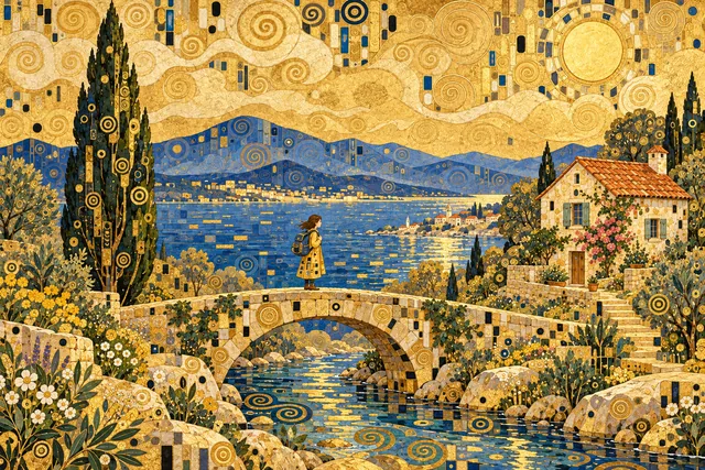 A traveler on a bridge beside a coastal cottage and cypress tree, rendered in Decorative gold.