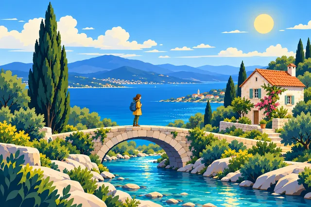 A traveler on a bridge beside a coastal cottage and cypress tree, rendered in Luminous science.