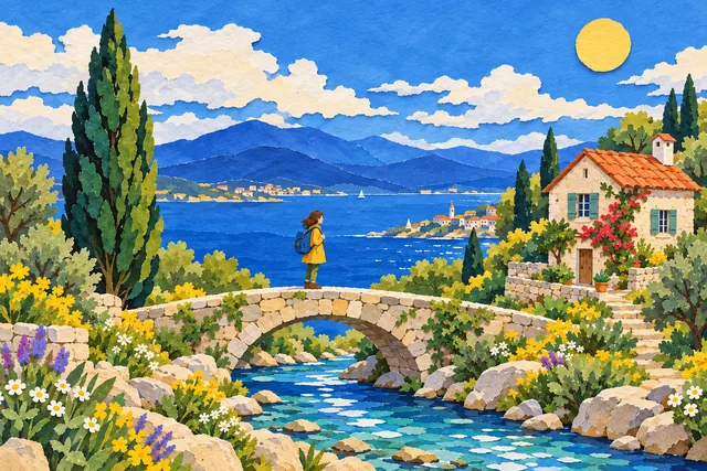 A traveler on a bridge beside a coastal cottage and cypress tree, rendered in Gouache cut paper.