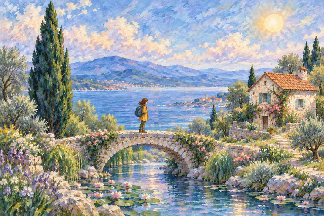 A traveler on a bridge beside a coastal cottage and cypress tree, rendered in Water-garden impressionism.