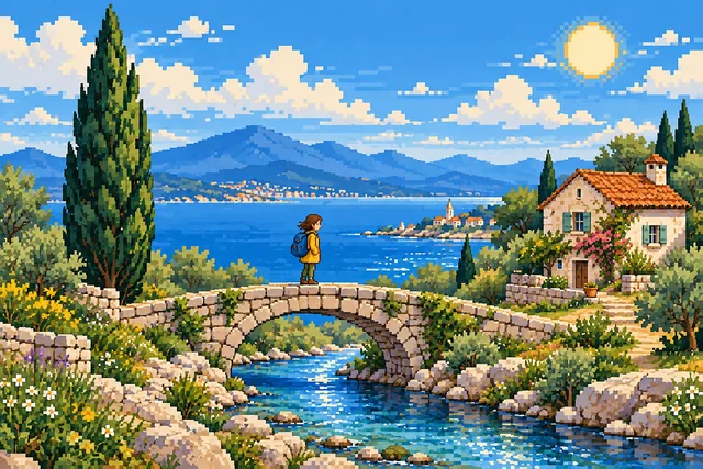A traveler on a bridge beside a coastal cottage and cypress tree, rendered in 8-bit pixel art.