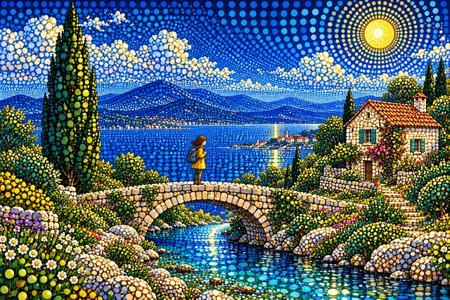 A traveler on a bridge beside a coastal cottage and cypress tree, rendered in Polka-dot infinity.