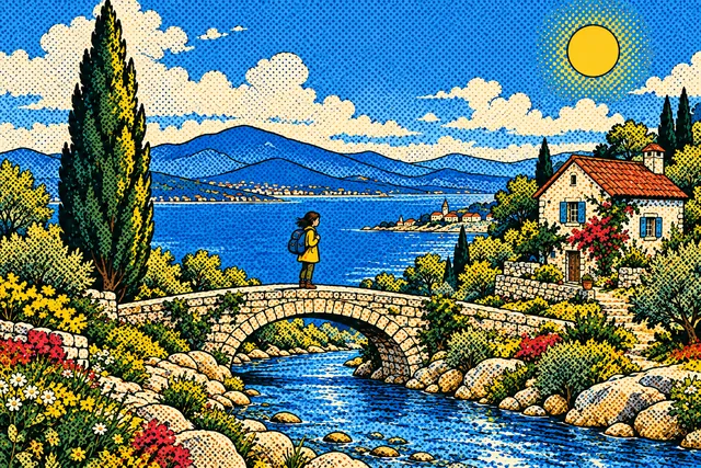 A traveler on a bridge beside a coastal cottage and cypress tree, rendered in Pop-art print.
