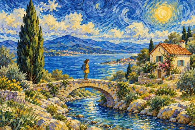 A traveler on a bridge beside a coastal cottage and cypress tree, rendered in Post-impressionist flow.