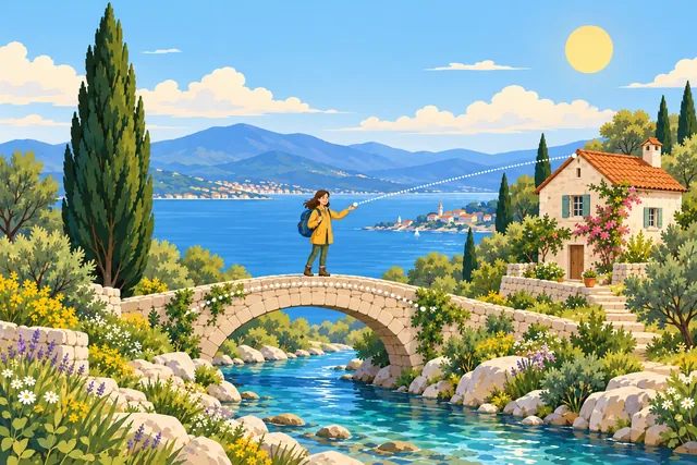A traveler on a bridge beside a coastal cottage and cypress tree, rendered in Presenter explainer.