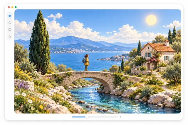 A traveler on a bridge beside a coastal cottage and cypress tree, rendered in Product & interface.