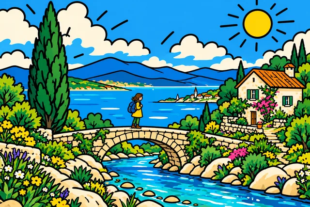 A traveler on a bridge beside a coastal cottage and cypress tree, rendered in Radiant line figures.