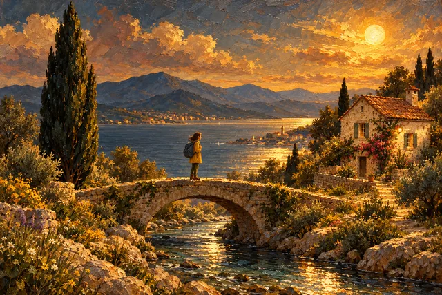 A traveler on a bridge beside a coastal cottage and cypress tree, rendered in Chiaroscuro.