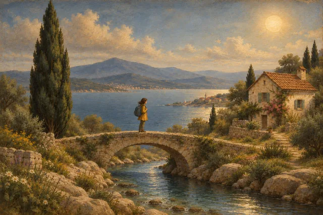 A traveler on a bridge beside a coastal cottage and cypress tree, rendered in Renaissance sfumato.
