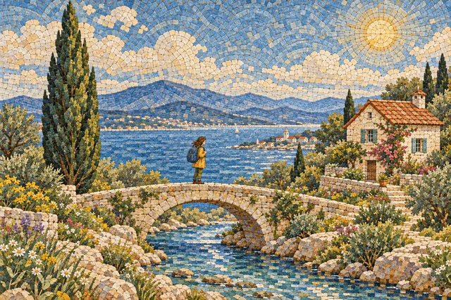A traveler on a bridge beside a coastal cottage and cypress tree, rendered in Roman mosaic.