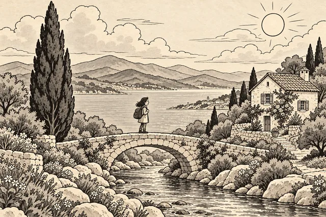 A traveler on a bridge beside a coastal cottage and cypress tree, rendered in Rubber-hose cartoon.