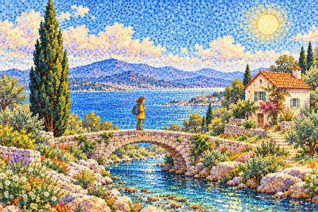 A traveler on a bridge beside a coastal cottage and cypress tree, rendered in Pointillism.
