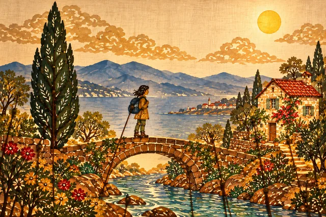 A traveler on a bridge beside a coastal cottage and cypress tree, rendered in Shadow-puppet theatre.