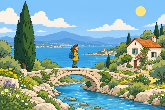 A traveler on a bridge beside a coastal cottage and cypress tree, rendered in Storytime acting.