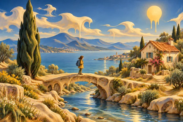 A traveler on a bridge beside a coastal cottage and cypress tree, rendered in Surrealist soft forms.