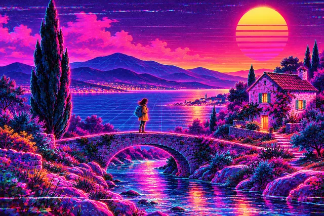 A traveler on a bridge beside a coastal cottage and cypress tree, rendered in Vaporwave & VHS.