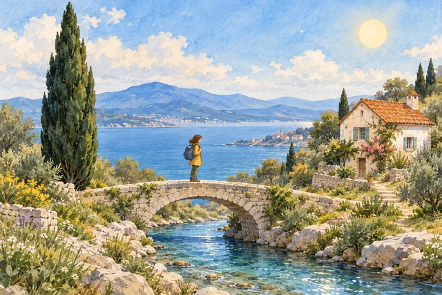 A traveler on a bridge beside a coastal cottage and cypress tree, rendered in Watercolor & cel.