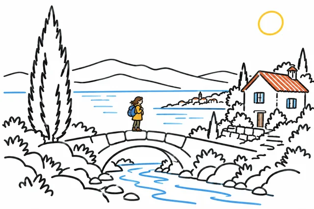 A traveler on a bridge beside a coastal cottage and cypress tree, rendered in Whiteboard reasoning.
