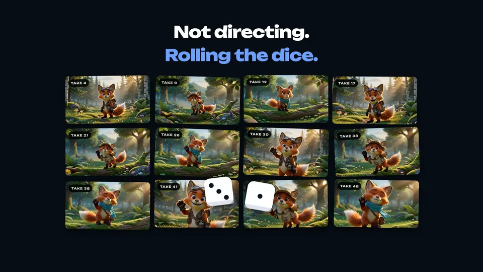 A grid of takes of the same fox scene, each one different, with two dice rolling across them.