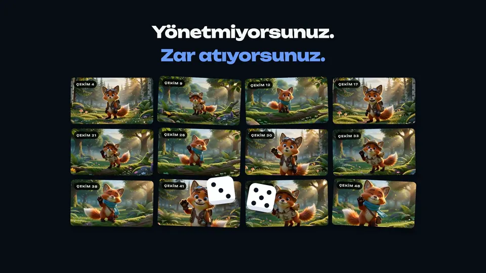 Aynı tilki sahnesinin her biri farklı çıkmış çekimlerinden oluşan bir ızgara; üzerinde iki zar yuvarlanıyor.